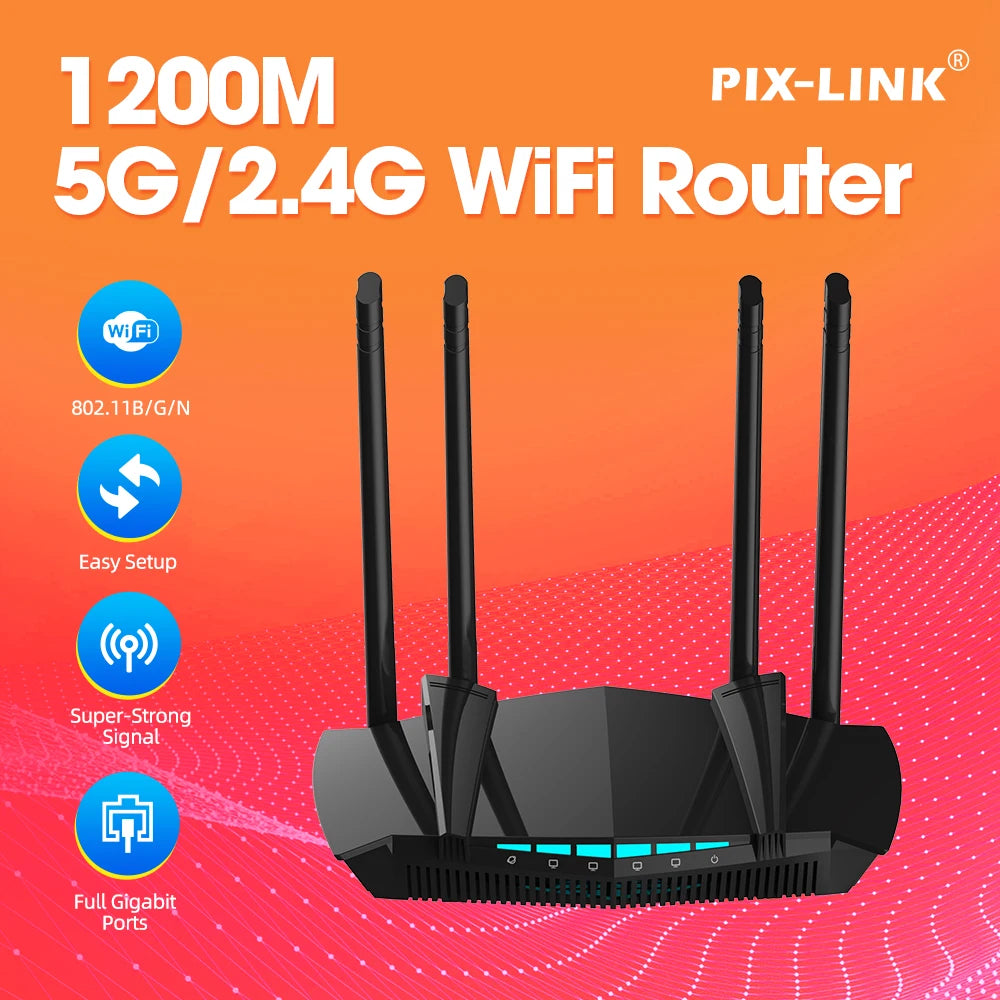 PIX-LINK AC1200 Dual Band Gigabit WiFi Router 1200Mbps 5GHz/2.4GHz MU-MIMO WPA3 4 Antennas Full Gigabit Ports Cover 300m²
