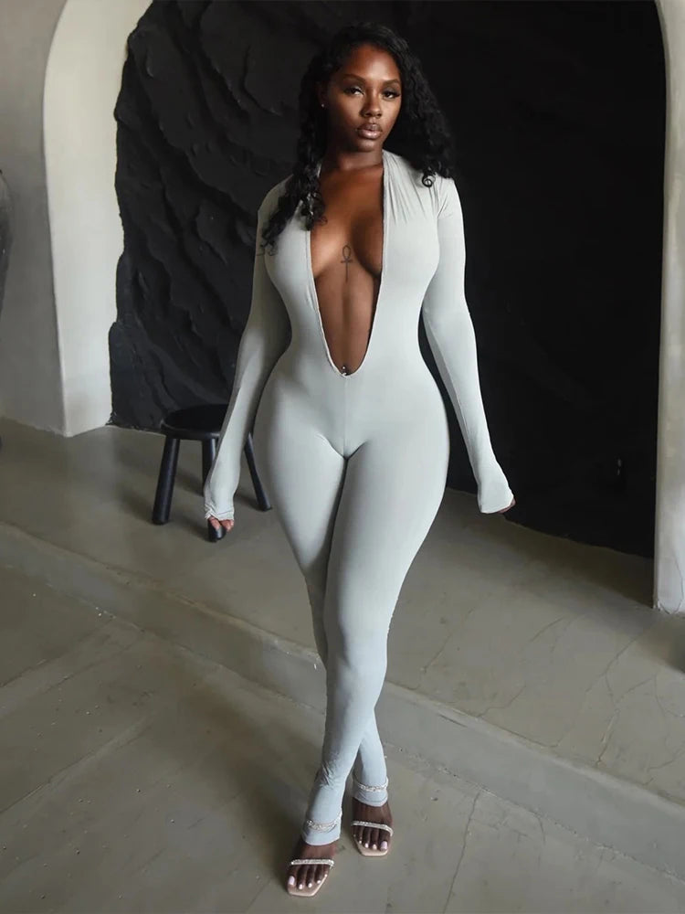 Sexy Fashion Black Jumpsuits Women Deep V-Neck Cleavage Backless Full Sleeve Skinny Peach Hip Hottie Street Hipster Overalls