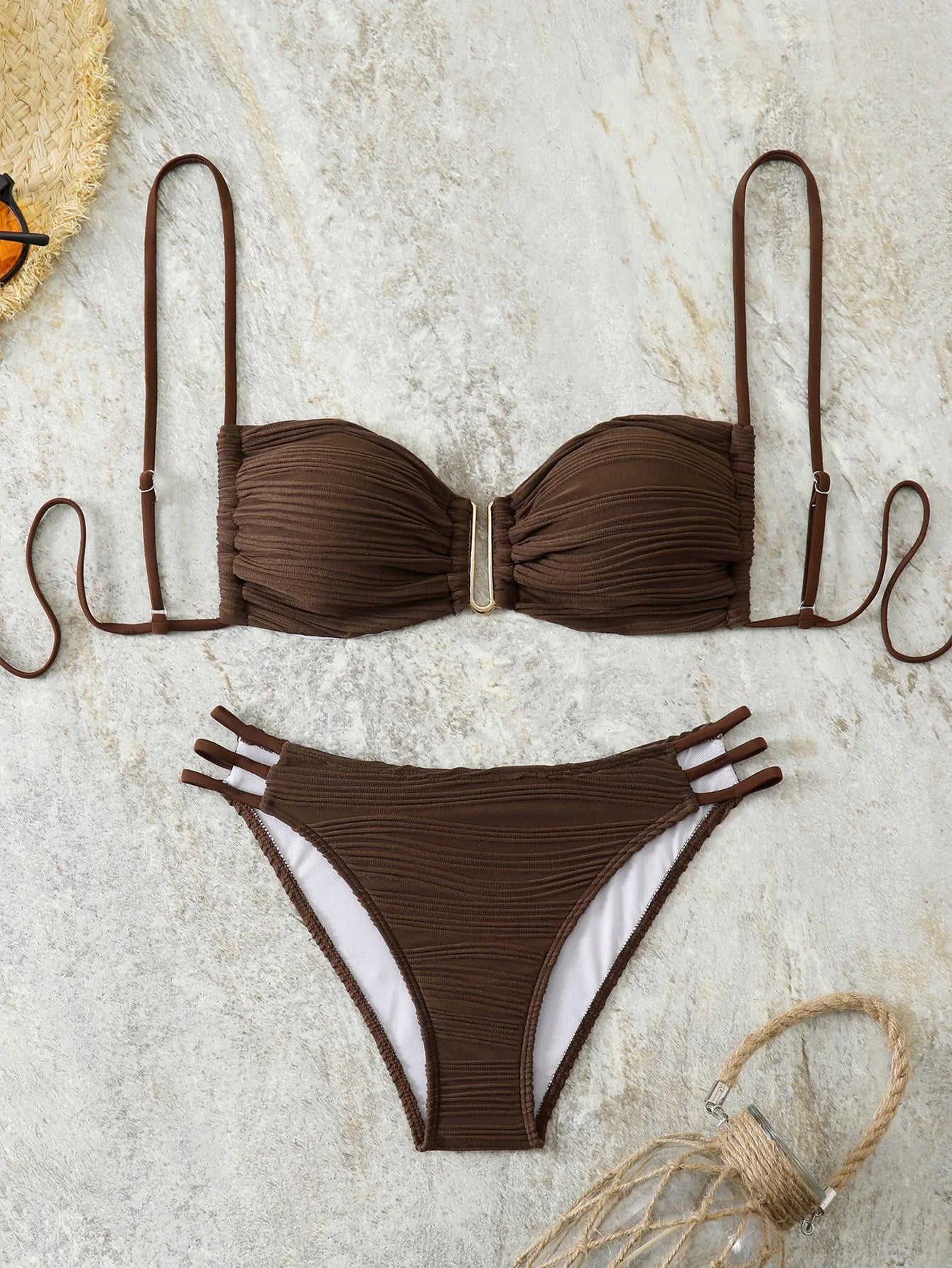 4 Colors Sexy Backless Folded Bikini Pure Color Three-Point Swimsuit Strap Binding Set Women's Adult Swimwear Bathing Set.