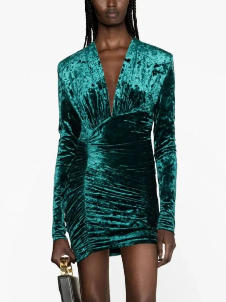 NEW Arrivals Women Female Sexy V-Neck Long Sleeve High Waist Folds Mini Dress Women Cypress Green / Purple Velvet Pleat Bodycon Dress Elegant Evening Party Gown Night Club Outfits Girls Ladies Luxury Fashion Clothing Supplies