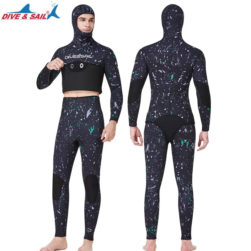 7MM Neoprene Material Thick and Warm S-3XL Extra Plus Size Women Men Wetsuit Top Quality Hooded Split Professional Thermal Diving Suit Water Sports Kitesurf Spearfishing Snorkeling Surfing Suit
