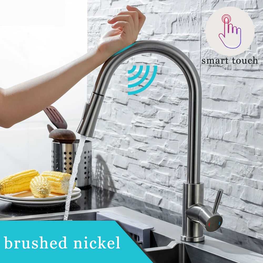 Just Arrived Kitchen Bathroom Motion Sensor Faucet Pull Out  Black/Brushed Nickle Color Large Area Sensor Stainless Steel Black Smart Induction Mixed Tap Touch Control Sink Tap Home Office Hotels