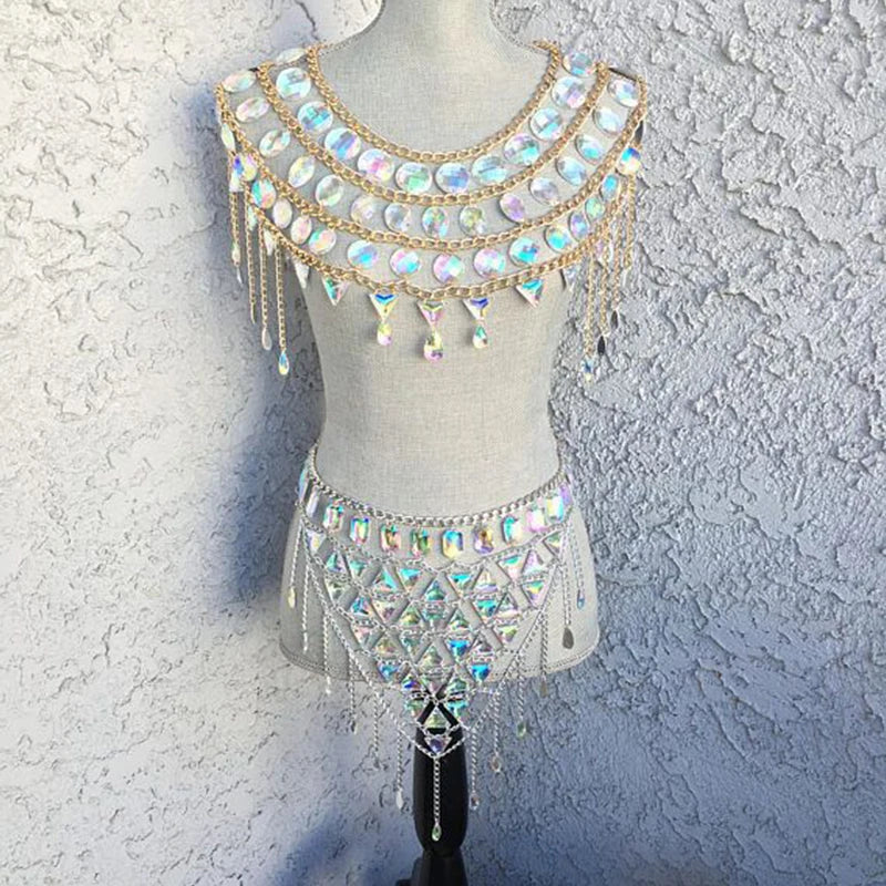 NEW Arrivals 2PCS Set Sexy Crystal Sequin Women Festival Outfits Handmade Patchwork Metal Tassel Chain Crop Top Women's Set