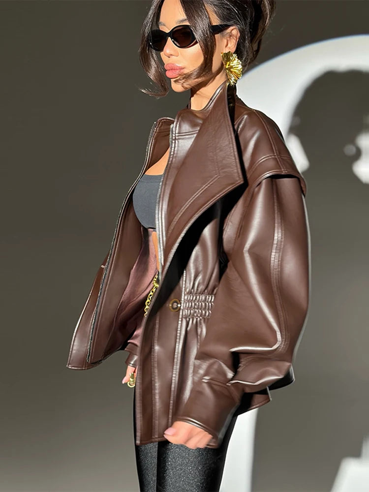 NEW Italian Design Turn-Down Collar Women Winter PU Leather Coats  Winter Autumn Zipper Slim Female Long Sleeve Elastic Waist Jacket Cool Girls Coat