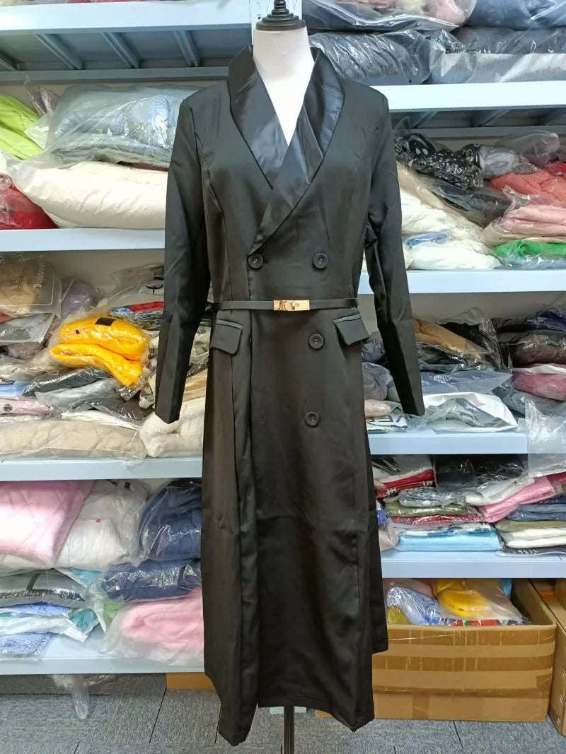 NEW Arrivals Italian Women Autumn Black Coat Double Breasted Notched Long Trench Female New Fashion Winter High Waist Outwears Slim Solid Windbreaker Office Lady Luxury Fashion Clothing Supplies