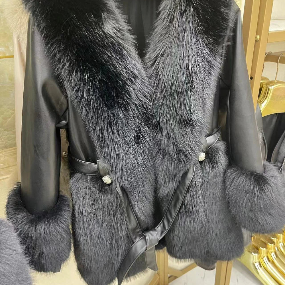 NEW Arrivals Leather Patchwork Faux Fox Fur Jacket Women Winter Warm Snow Outerwear Belted Plush Coat Elegant Fluffy Jackets High Quality Furry Overcoat Ladies Girls Luxury Fashion Clothing Supplies