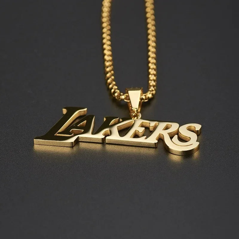 LAKERS Commemorative Logo Silver and Colorful Pendant Necklace, Titanium Steel Unisex Jewelry for Basketball Super Fans