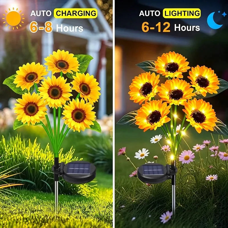 2 PCS Set (12 Heads) Home Villa Solar Sunflower Lights Solar Lights Outdoor Garden Decor Birthday Gift Waterproof Solar Flower Garden Stake Lights Lawn Pathway Home Lighting Decoration Supplies