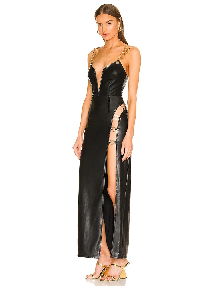 NEW Arrivals Women's Leather Sling Long Dress Sexy Black V-Neck Backless Chain Straps High Split PU Leather Dress Nightclub Party Evening Dresses