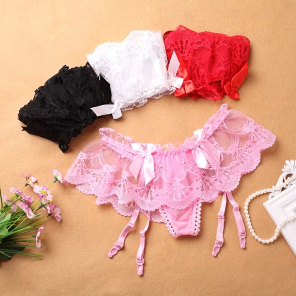 Ladies Women Crotch Less Set Thong With Garter Hooks Cute Girly Bow Lace Sexy Lingerie Solid Fashion Clothing Supplies