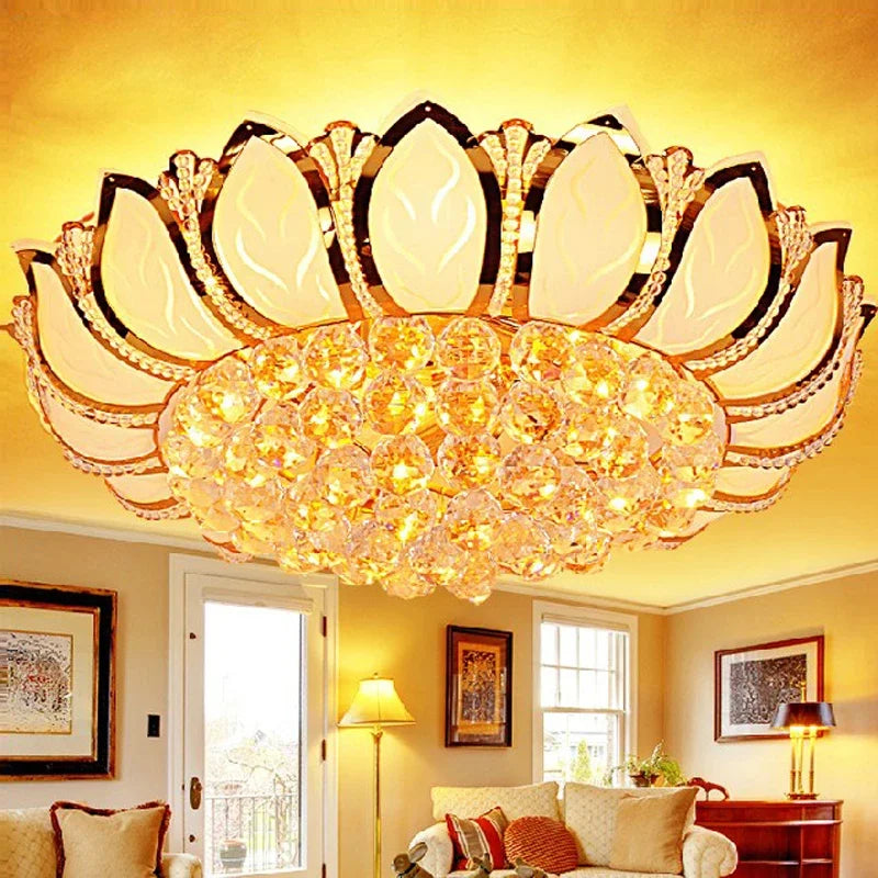 oom Atmospheric Golden Crystal Lamp round Led Lotus Ceiling Surface Mounted Luminaire Master Bedroom Light Dining Room