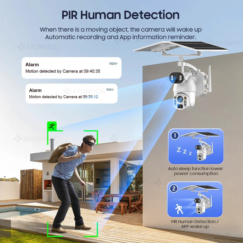 NEW 4K 8MP 50X Optical Zoom Solar Camera 4G Sim/Wi-Fi PTZ Dual Lens Recording Humanoid Tracking Outdoor Waterproof IP Security Camera Home Office Factory Anti-Burglary Systems