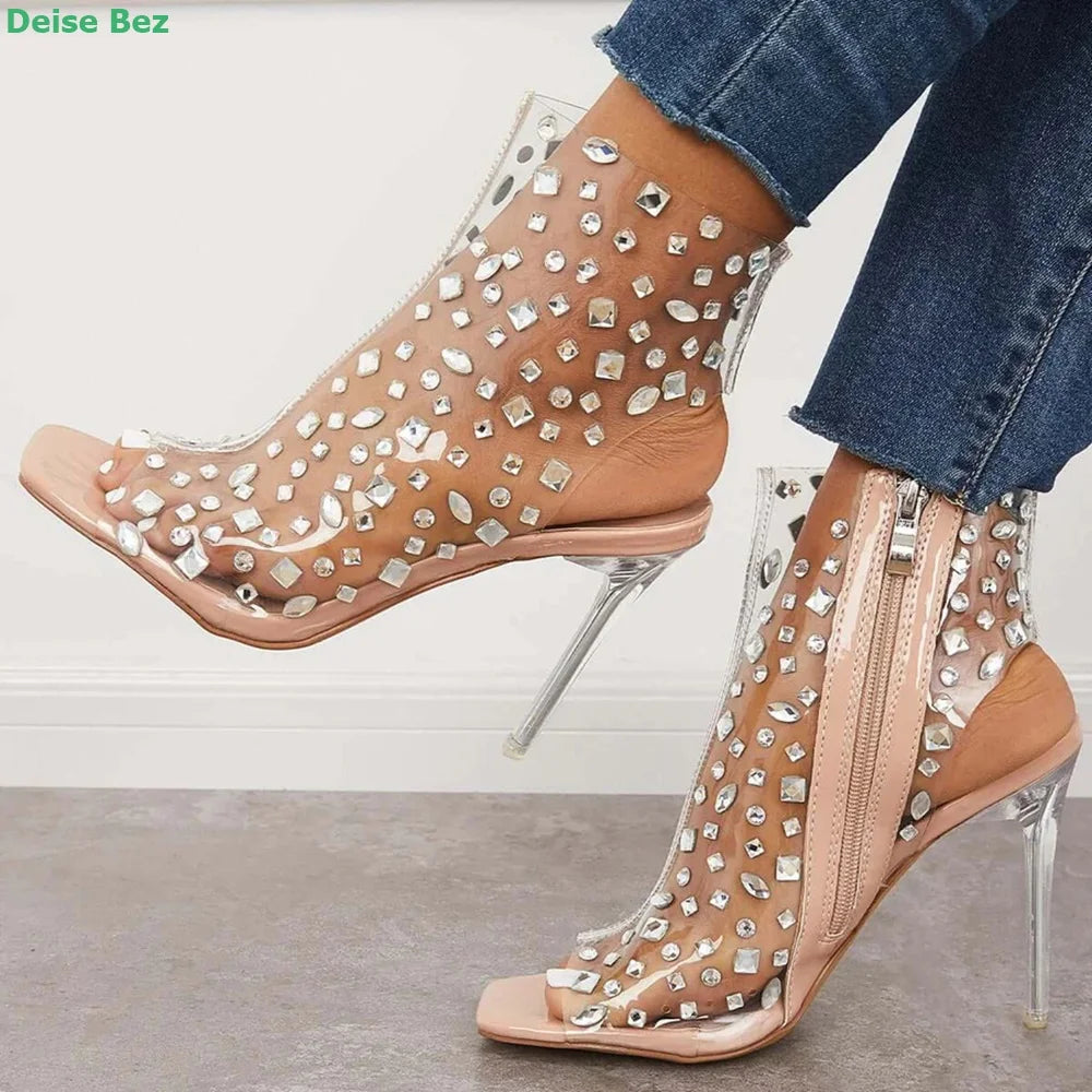 Clear PVC Peep Toe Boots Slingback Zipper Rhinestone Transparent  Ankle-high Thin High Heel Fashion Spring And Autumn Shoes