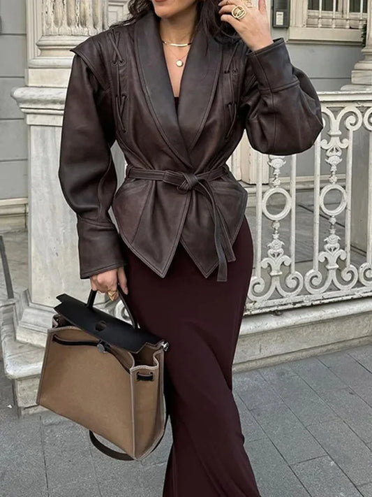 NEW Arrivals UK Size 3 Colors Women High Street Leather Jacket Versatile Brown Long Sleeves V-Neck Lace-Up Jacket Coats Winter Causal Chic Female Outwear
