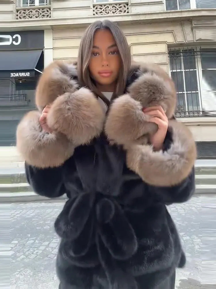 UK Size White/Gray/Brown/Black Color Hoody Mink  Fur Furry Coats Women Fashion Belt Long Sleeve Pocket Thicken Warm Jacket Autumn Winter Urban Lady Streetwear