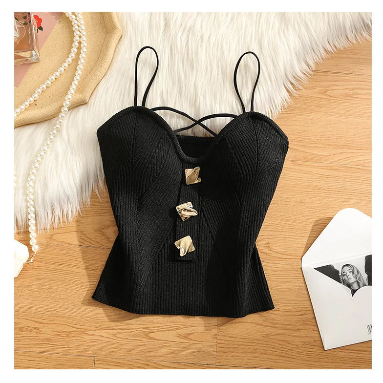 NEW Arrivals Black/White Color Knitted Camisole Sexy Tank Top Women's Summer Outerwear Sexy and Spicy Girl's Inner Layer with A Bottom Top