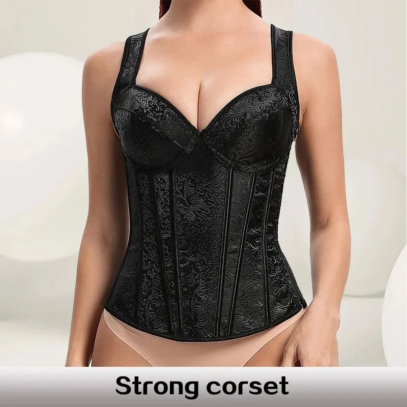 Women's Sexy V-Neck Shoulder Strap Tight Fitting Corset with Side Zipper Floral Jacquard Slim Fit and Shape Wear