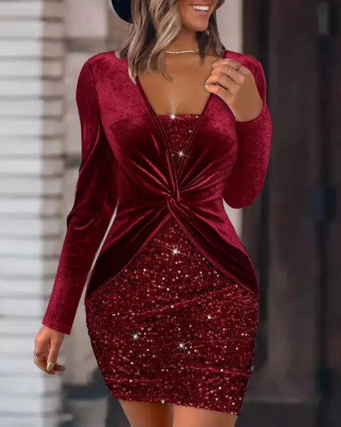 NEW Arrivals UK S-2XL Size Women Dresses  Autumn Spring Italian Fashion New Asymmetrical Neck Long Sleeve Velvet Contrast Sequin Twisted Sexy Evening Party Night Club Outfit Mini Bodycon Dress