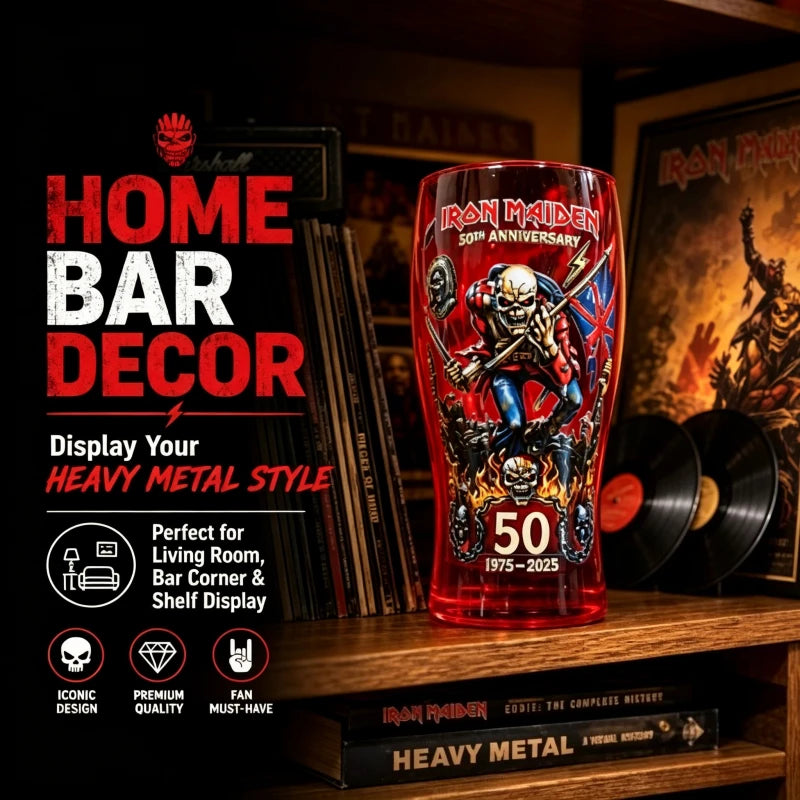 IRON MAIDEN 50th Anniversary Collectible Beer Glass, 500ml 16oz The Trooper Eddie Skull Sticker Craft Pint Glass, Heavy Metal Rock Band Lovers Fans Home Bar Pubs Night Rock Club Drinkware Accessories Barware Supplies