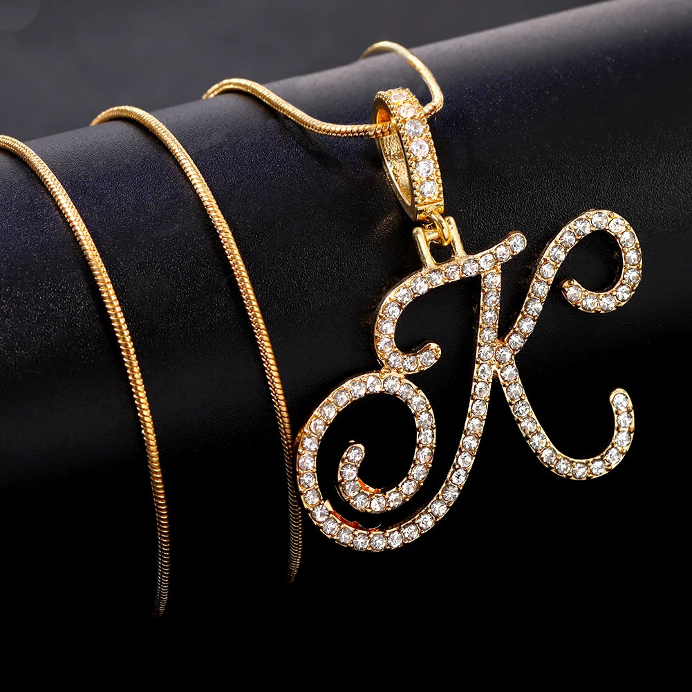 Women’s A-Z Rhinestones Initial Letters Pendant Necklace, CZ Paved Initial Charm with Snake Chain, Elegant Iced Out Bling Jewelry Gifts
