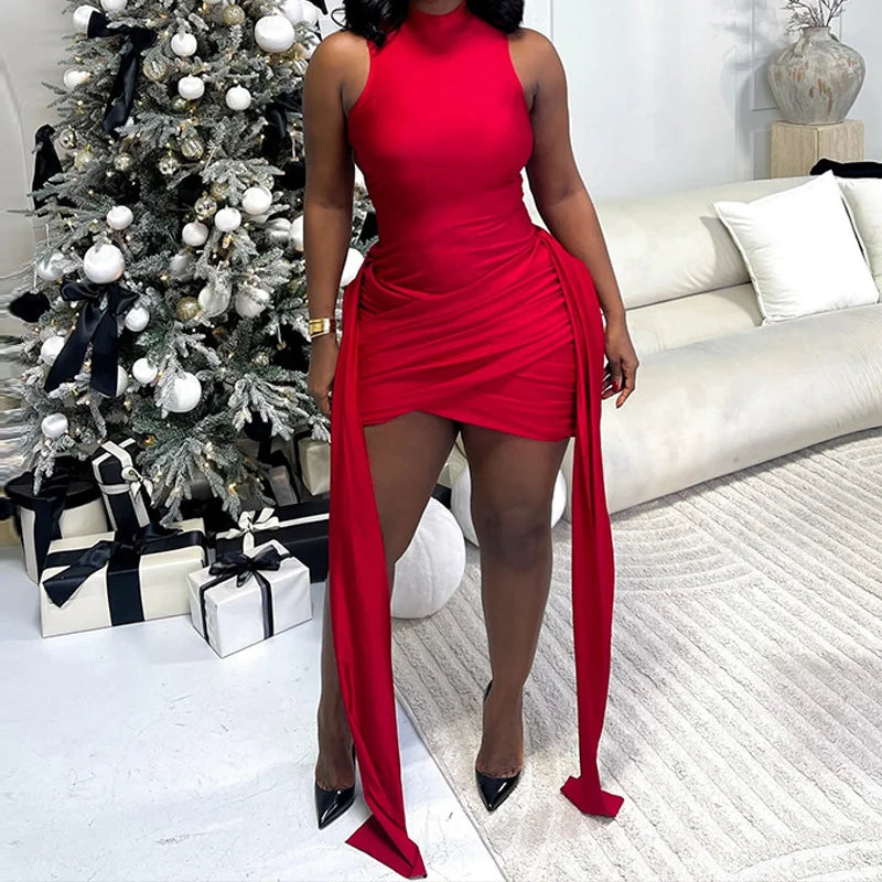 UK Size Black/Red Color Solid Ribbon Ruched Party Short Dresses Women Elegant Night Club Wear Stand Collar Sleeveless Sheath Slim Fit Bodycon Mini Dress
