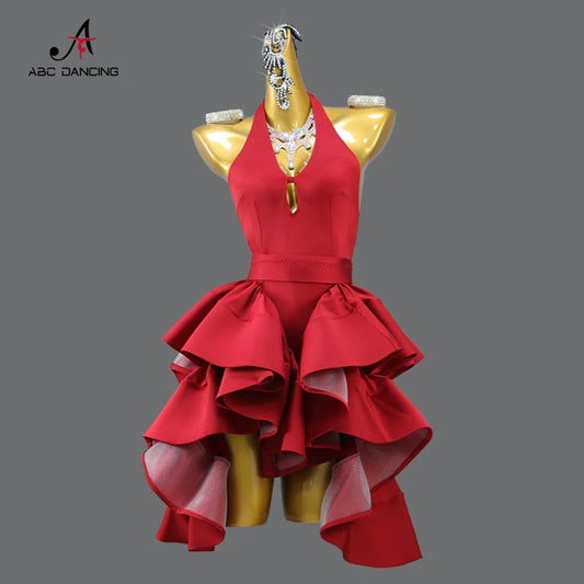 New Arrivals Red Latin Dance Dress Sexy Ladies Ballroom Party Show Costume Practice Wear Line Clothing Women Sport Party Skirt Customized Ladies Competition Dancing Dress