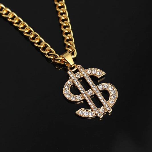 Rhinestones Luxury Jewelry Money Hip Hop Rap Gold Color US Dollar Pendant Necklace 70cm Chain For Women/Men Bling Jewelry Accessories