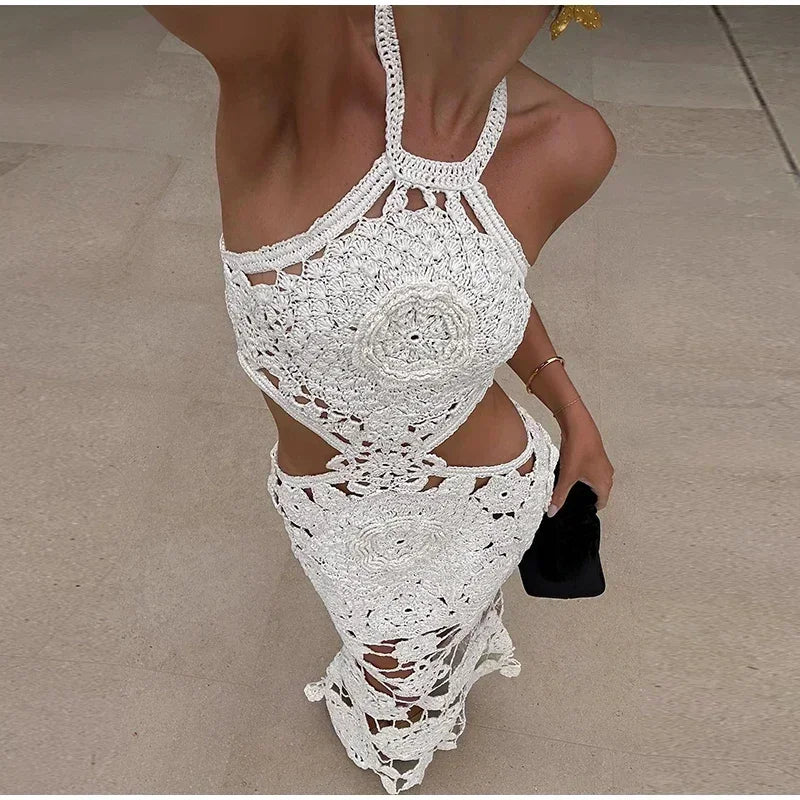NEW Arrivals S(8) -XL(16-18) UK Size Sexy Handmade Crochet Floral Hollow Out Long Dress Women Halter Backless Lace Up Female Evening Beach Party Dresses Summer Lady Holiday Party Maxi Gown