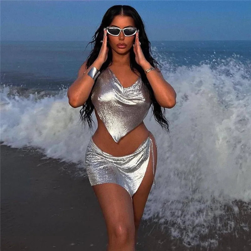NEW Arrivals 2PCS Set Sexy Metal Sequins Matching Sets for Women Backless Tank Tops Slit Mini Skirt Festival Rave Beach Party Outfits Nightclub Party Bod Girls Sexy Fashion Clothing Supplies