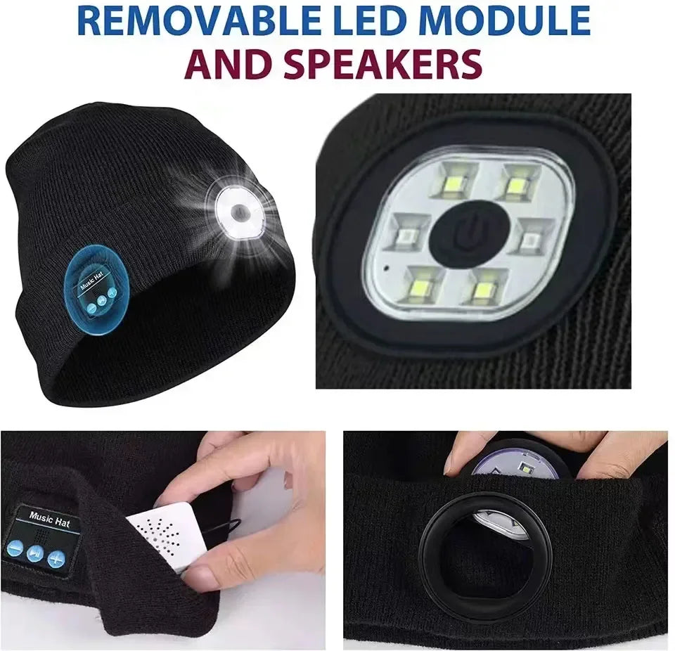 NEW Arrivals 4 Colors Handsfree Warm Beanie Bluetooth 5.0 LED Hat Wireless Stereo Headset Music Player With MIC Support Dimming Rechargeable Battery Sports Accessories