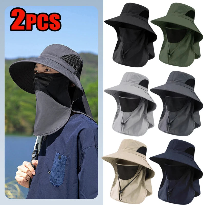 2 PCS Set Summer Sun Hats UV Protection Outdoor Beach Camping Hunting Fishing Cap For Men Women Hiking Camping Visor Bucket Hat Neck Flap Fisherman Hat