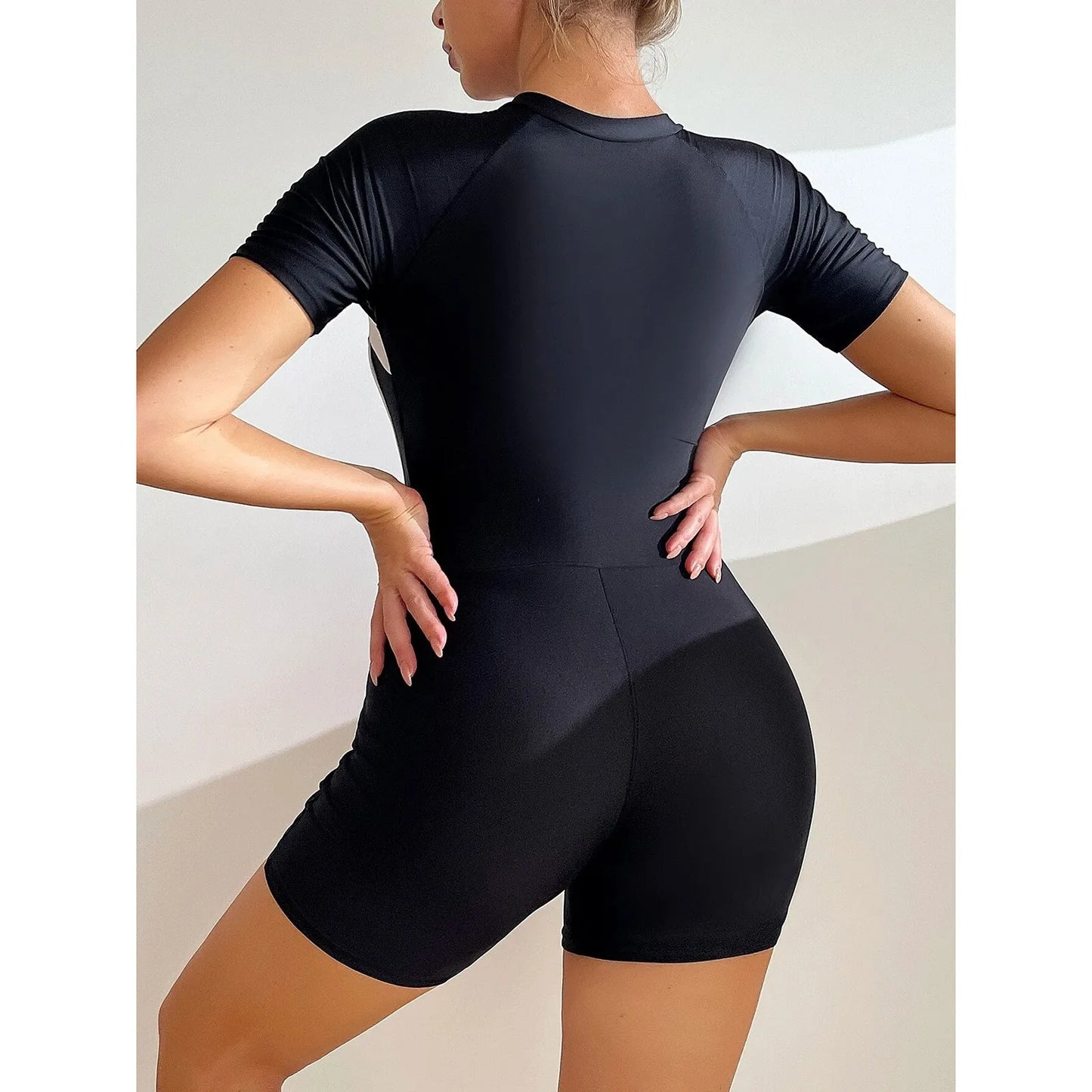 Women'S One-Piece Swimsuit Solid Color Patchwork Short Sleeved Zippered Flat Angle Shorts Swimsuit Sexy Tight Surfing Suit