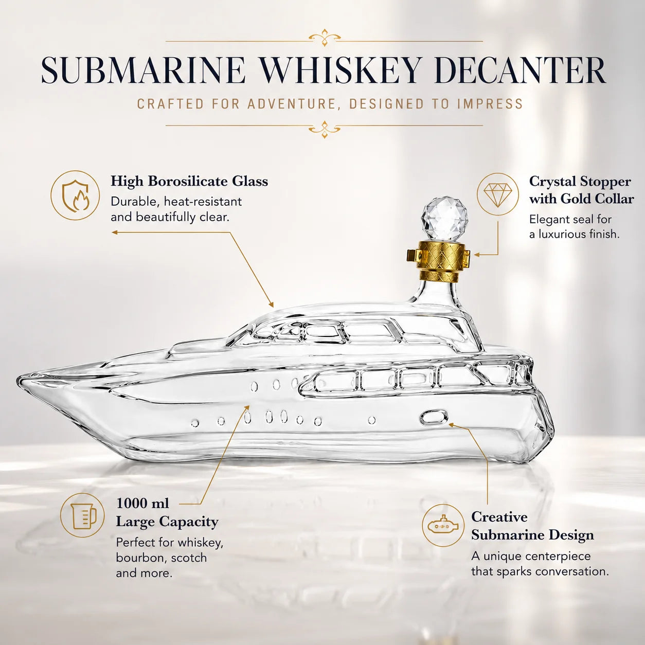 1000ml Luxury Yacht  Whiskey Crystal Decanter, High Borosilicate Glass Liquor Bottle with Crystal Stopper, Novelty Bourbon Scotch Decanter Home Hotels Bars Pubs Restaurants Barware Supplies