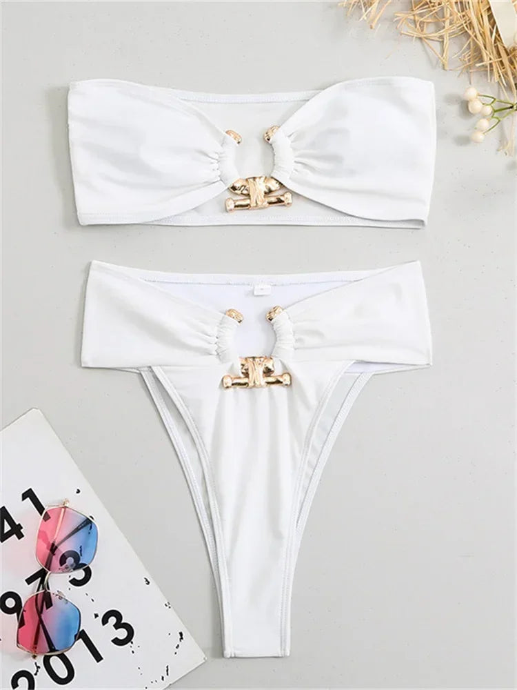 Luxury Metal Designer High Waist Bikinis Sets Women Solid White Black Bandeau Push Up Swimwear Bathing Suit Thong Swimsuit