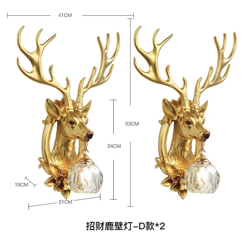 American Retro Lucky Deer Head Warm and White Lighting Wall Lamps Living Room Bedroom Restaurant Hotel Atmosphere Decorate Crystal Antlers Wall Sconces