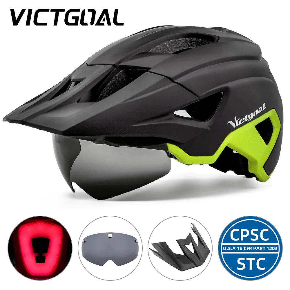 VICTGOAL LED Bike Helmet With Sun Goggle Visor Rechargeable LED Men Bicycle Helmet Sunglasses Shield Road MTB Cycling Helmets