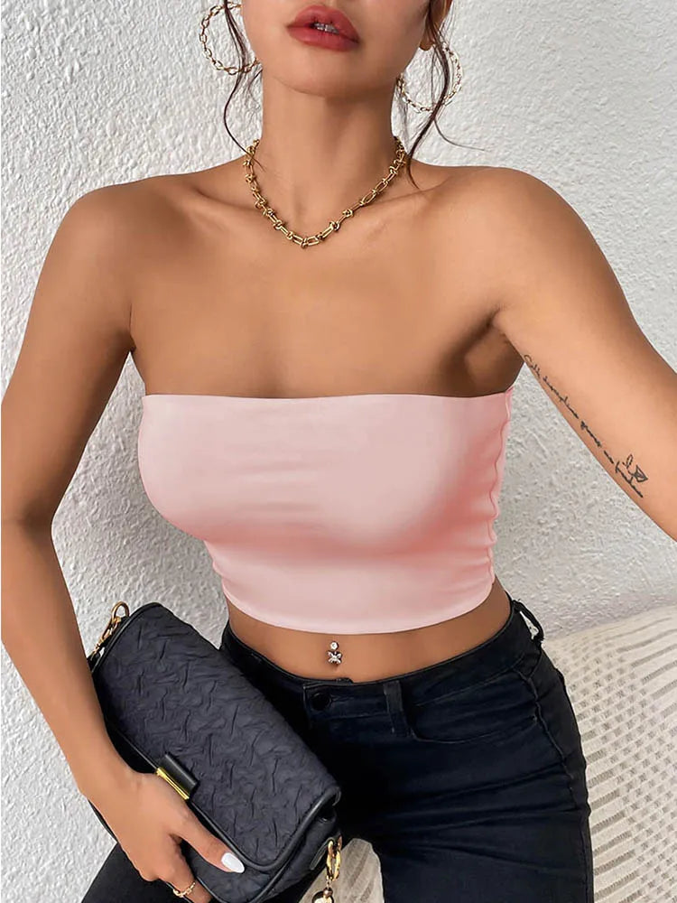 UK Size 6 Colors Sexy Bodycon Crop Tube Top, Solid Stretchy Tube Top, Casual Every Day Tops, Women's Clothing