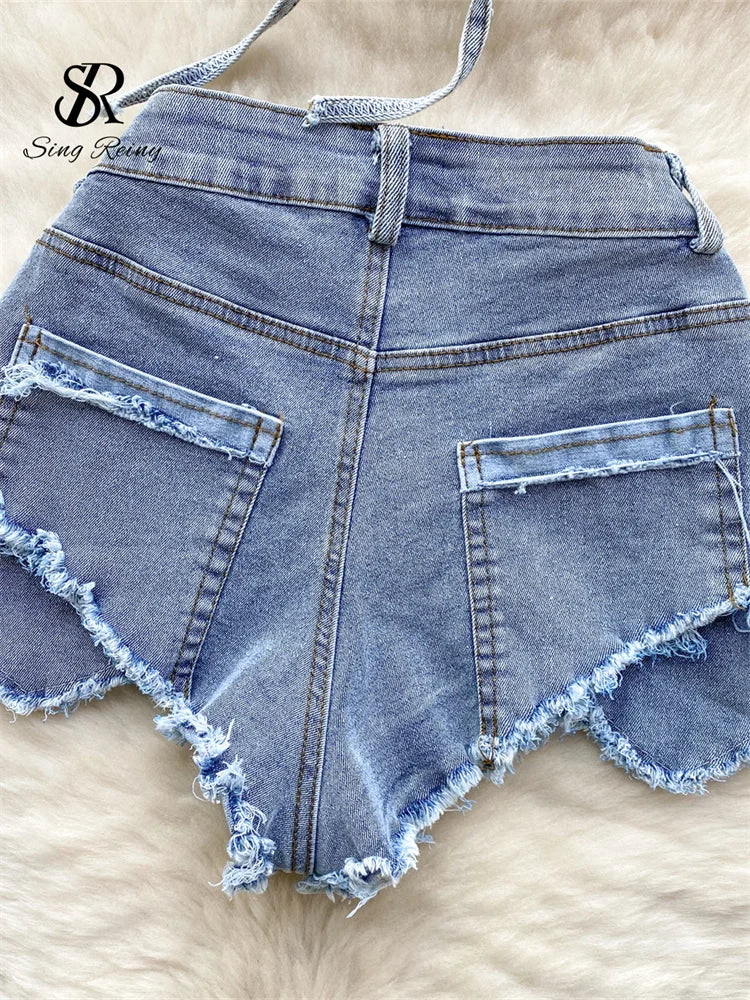 SINGREINY American Hotsweet Sets Halter Sleeveless Backless Love Tops+High Waist Button Basics Shorts Fashion Sexy Denim Suits