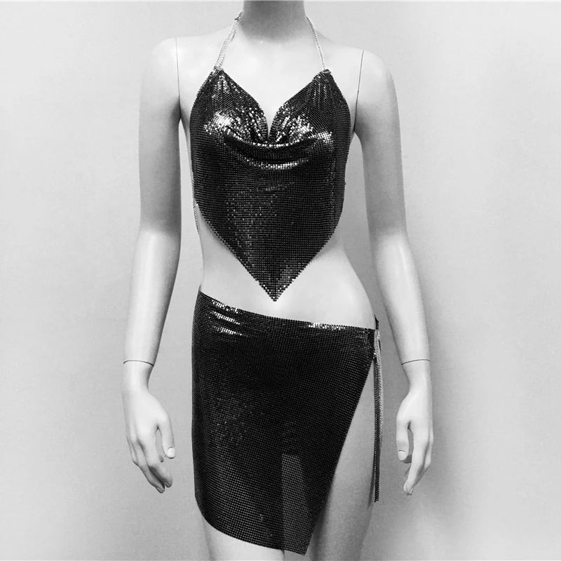 NEW Arrivals 2PCS Set Sexy Metal Sequins Matching Sets for Women Backless Tank Tops Slit Mini Skirt Festival Rave Beach Party Outfits Nightclub Party Bod Girls Sexy Fashion Clothing Supplies