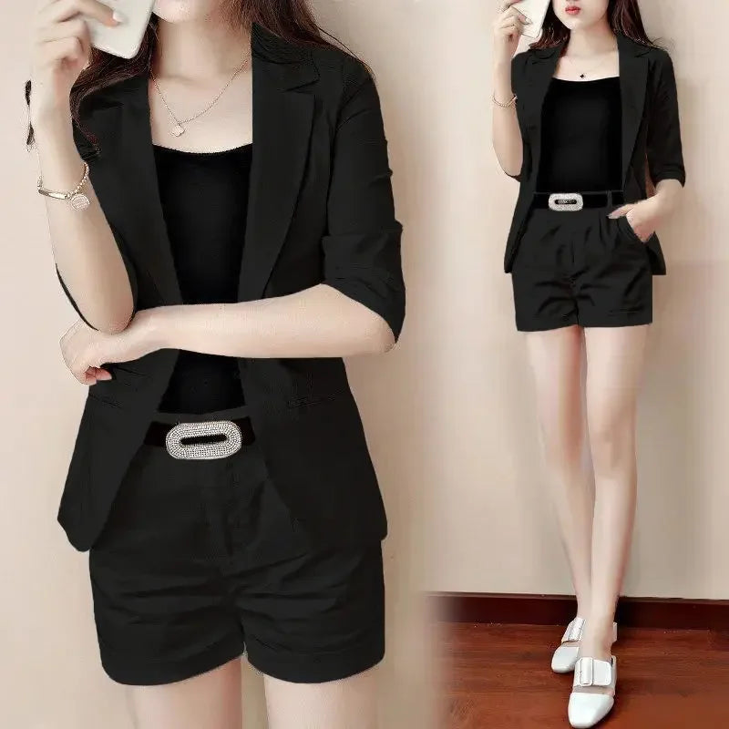 NEW Arrivals 2PCS Set 2 Patterns White/Black Short/Long Pants Coat + Belt for Women Black Trouser Suit Blazer and Outfit Office Lady Professional Business Set Ladies Luxury Fashion Clothing Supplies