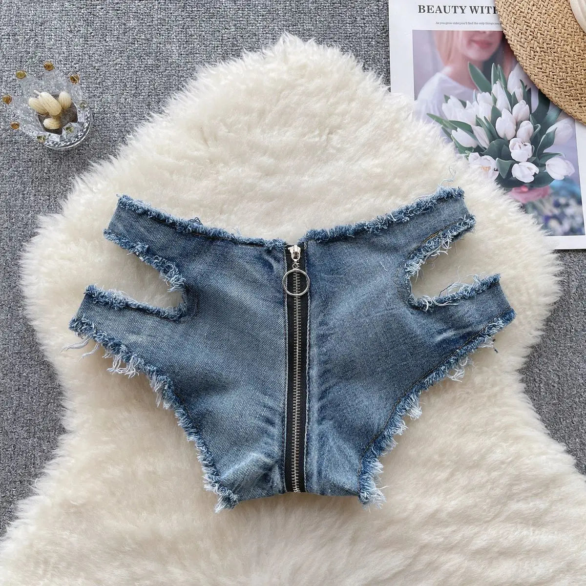 Summer New Sexy Women's Fringe Splicing Low Waist Hollow Out Denim Shorts Female Zippers Jeans Ultra Shorts