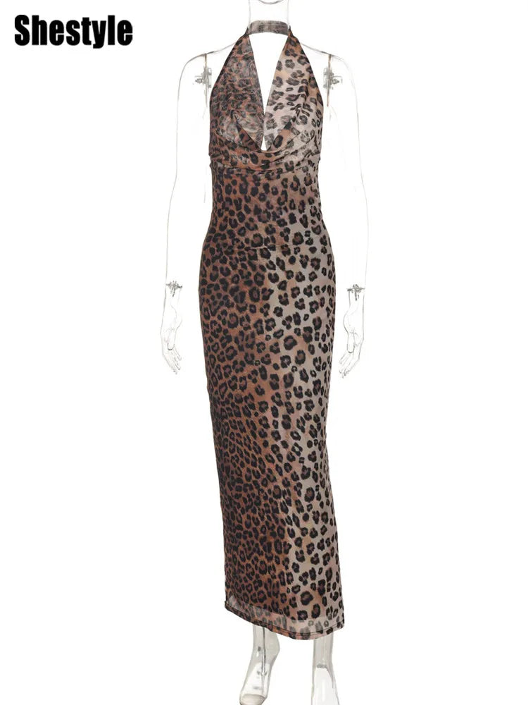 NEW Arrivals Sexy Leopard Halter Long Pencil Dress 2025 Swinging Collar New Sleeveless Backless Elegant Partywear Tight Evening Beachwear Nightclub Party Mesh Gown Girls Ladies Luxury Fashion Clothing Supplies
