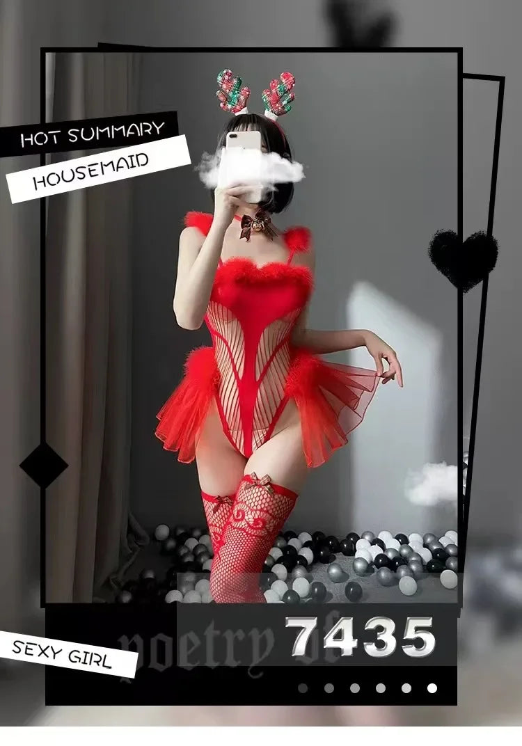 NEW Arrivals Sexy Santa's Elf Plush Onesie Temptation Christmas Deer Velvet Sexy Net Suit Underwear Role Play Cosplay Uniform Set