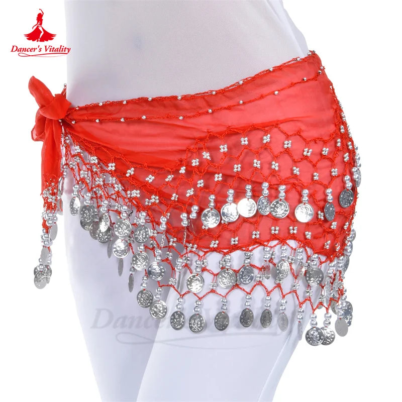 NEW Arrivals Belly Dance Belt for Women Chiffon Gold Coins Oriental Dancing Wear Accessories Girl's Chiffon Silver Coins Belly Dance Hip Scarf