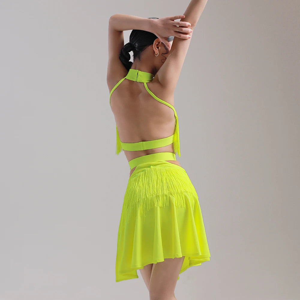 3XS-L Children Girls Professional Luxury Latin Dance Dress Female Professional Training Dress Net Gauze Girl Ballroom Competition Dancing irregular Fringe Dresses