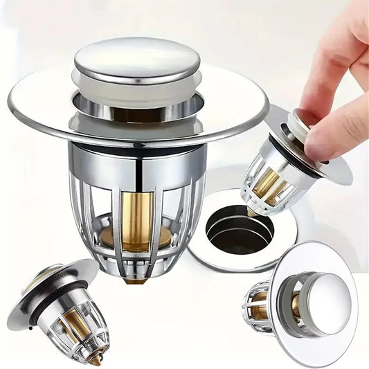 NEW Arrivals Universal Rebound Drain Plug Filter Basin Pop-Up Chrome Sink Filter with Hair Catcher Bathroom Sink Drain Stopper Easy Push Type Kitchen Bathroom Accessories Home Supplies
