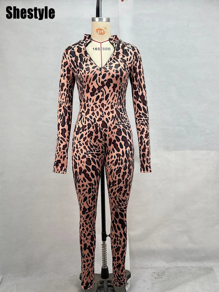 NEW Arrivals UK Size  Brown Leopard Zip Up Jumpsuits for Women Skinny Mock Neck Sexy Hand Hole Rompers Fitness Outwear Girls Ladies Sports Casual Fashion Apparel Supplies