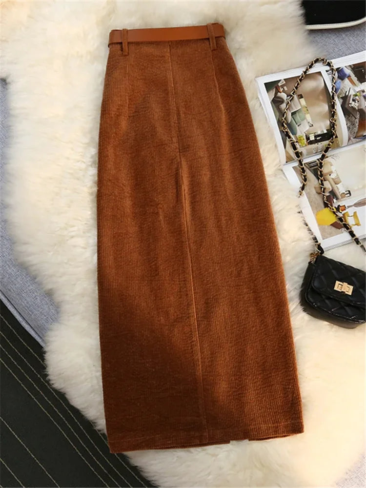 Autumn Winter Corduroy Women's Skirts with Belted New High Waist Straight Classic Front Split Skirts Ladies Female
