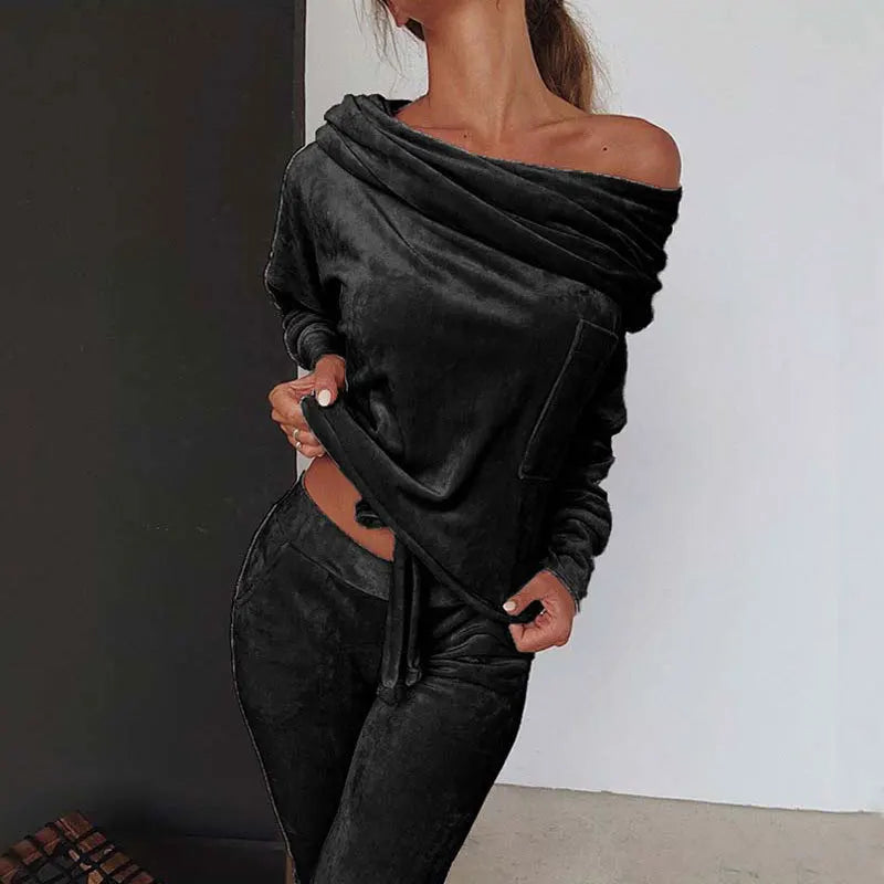 2 PCS Set S-3XL UK Plus Size 6 Colors Sexy Velvet Off Shoulder Slope Collar Casual Women Home Suit Fashion Folds Long Sleeved Bow Pullover Top Trousers Suit Outfit