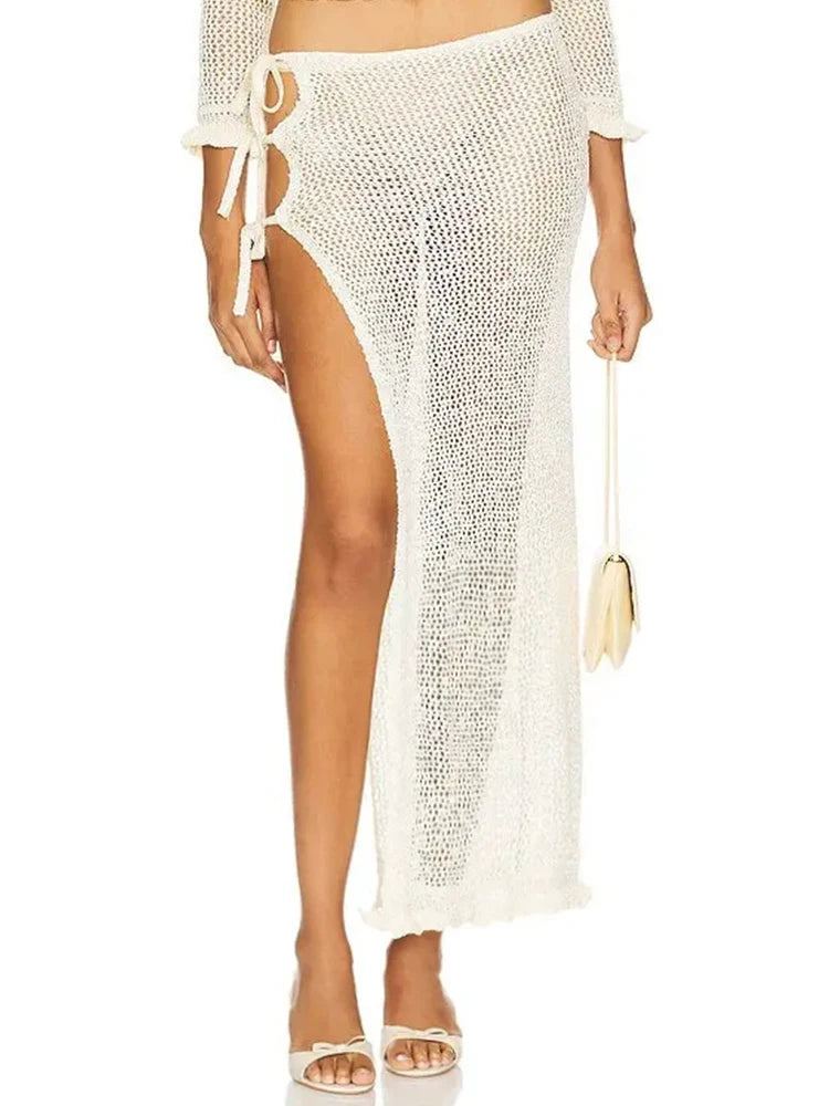 NEW Sexy Summer Knit Cut Out Beach Half Skirt Women Chic Side Slit Lace-Up Casual Wrap Skirts Swimming Water Pool Party Swimsuit Cover Up K249